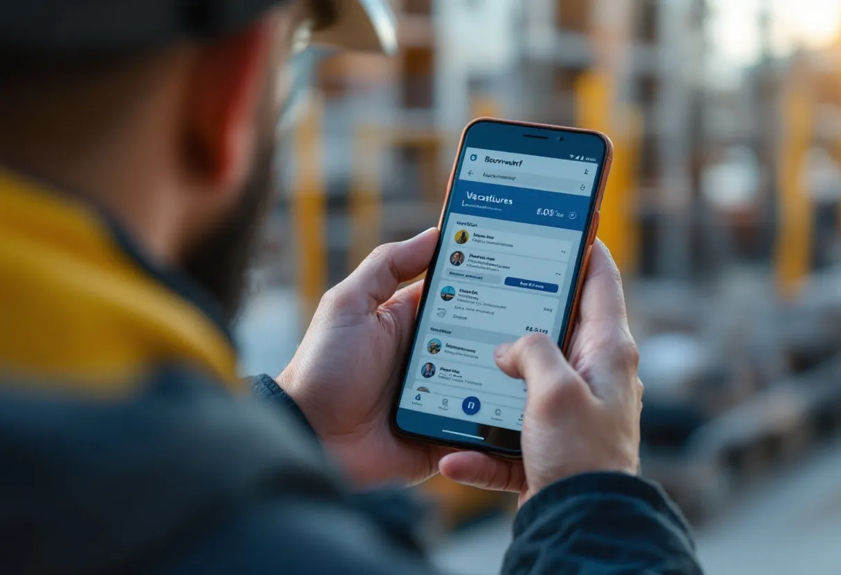 Un ouvrier du bâtiment portant un gilet réfléchissant consulte les offres d'emploi sur son smartphone devant un chantier, avec une carte et une indication de salaire visibles à l'écran