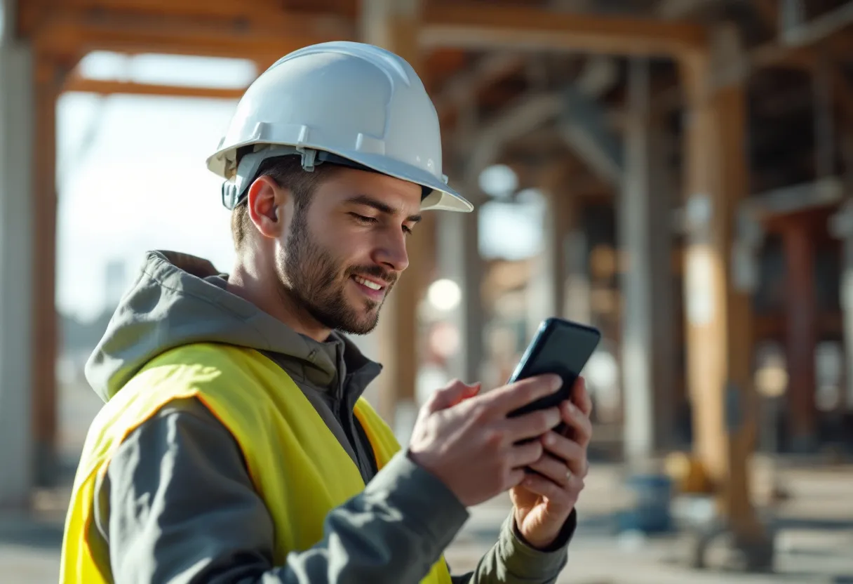 Een jonge bouwvakker met helm en veiligheidsvest bekijkt op zijn smartphone een overzicht van flexi-jobs in de bouw, terwijl hij op een bouwwerf in Vlaanderen staat met zonnig weer.