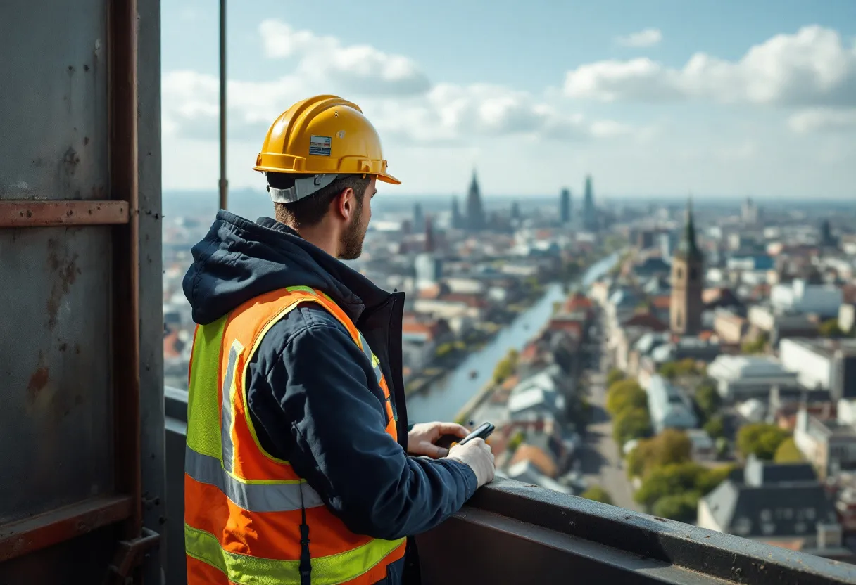 Een bouwvakker in helm en veiligheidsvest staat op een stelling met uitzicht op een Vlaamse stad, gereedschapsriem om, en werkt aan een bakstenen muur.