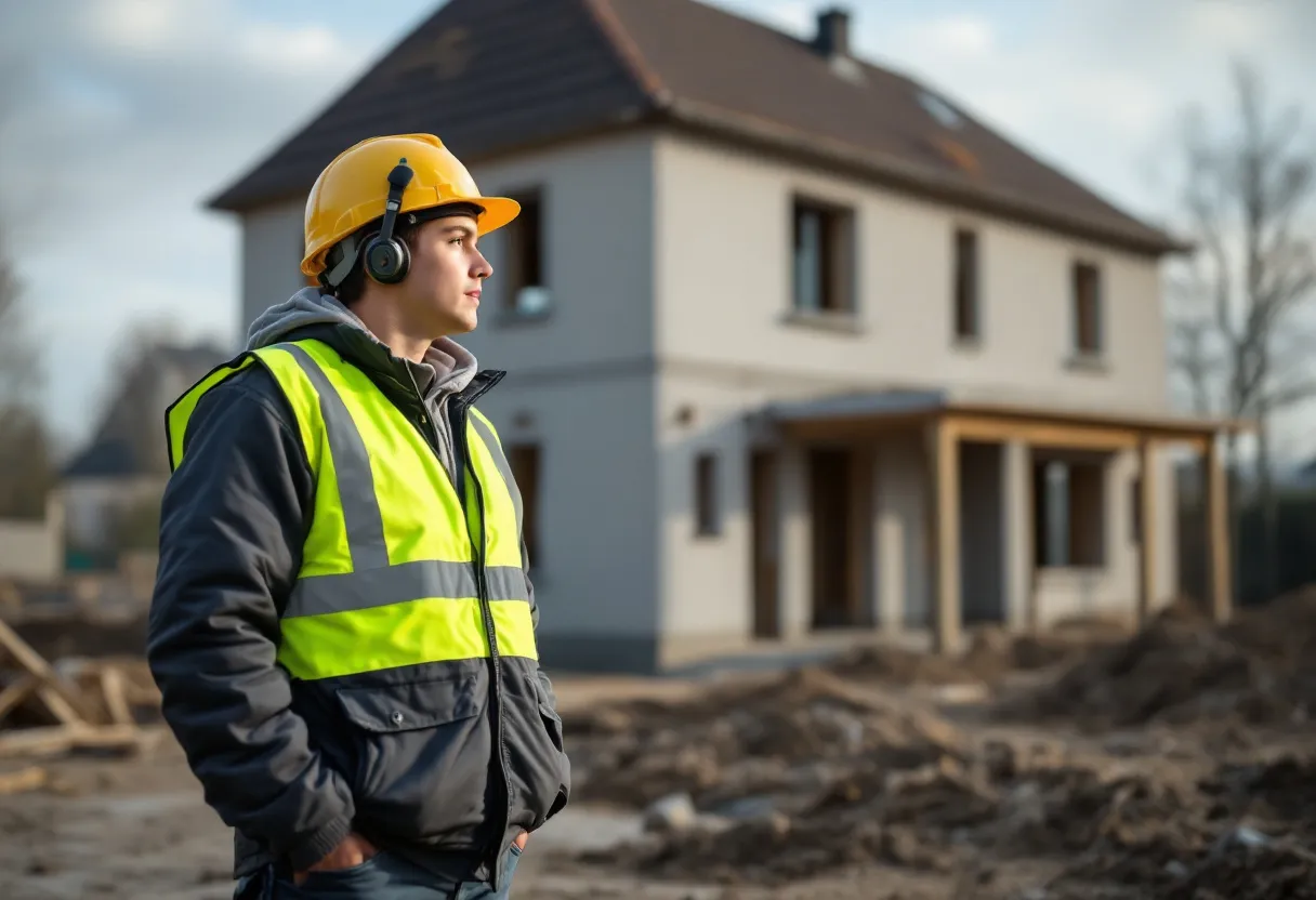 Een jonge schoolverlater in veiligheidskledij lacht naar een ervaren bouwvakker op een bouwplaats in Vlaanderen, met op de achtergrond een half afgebouwd huis.
