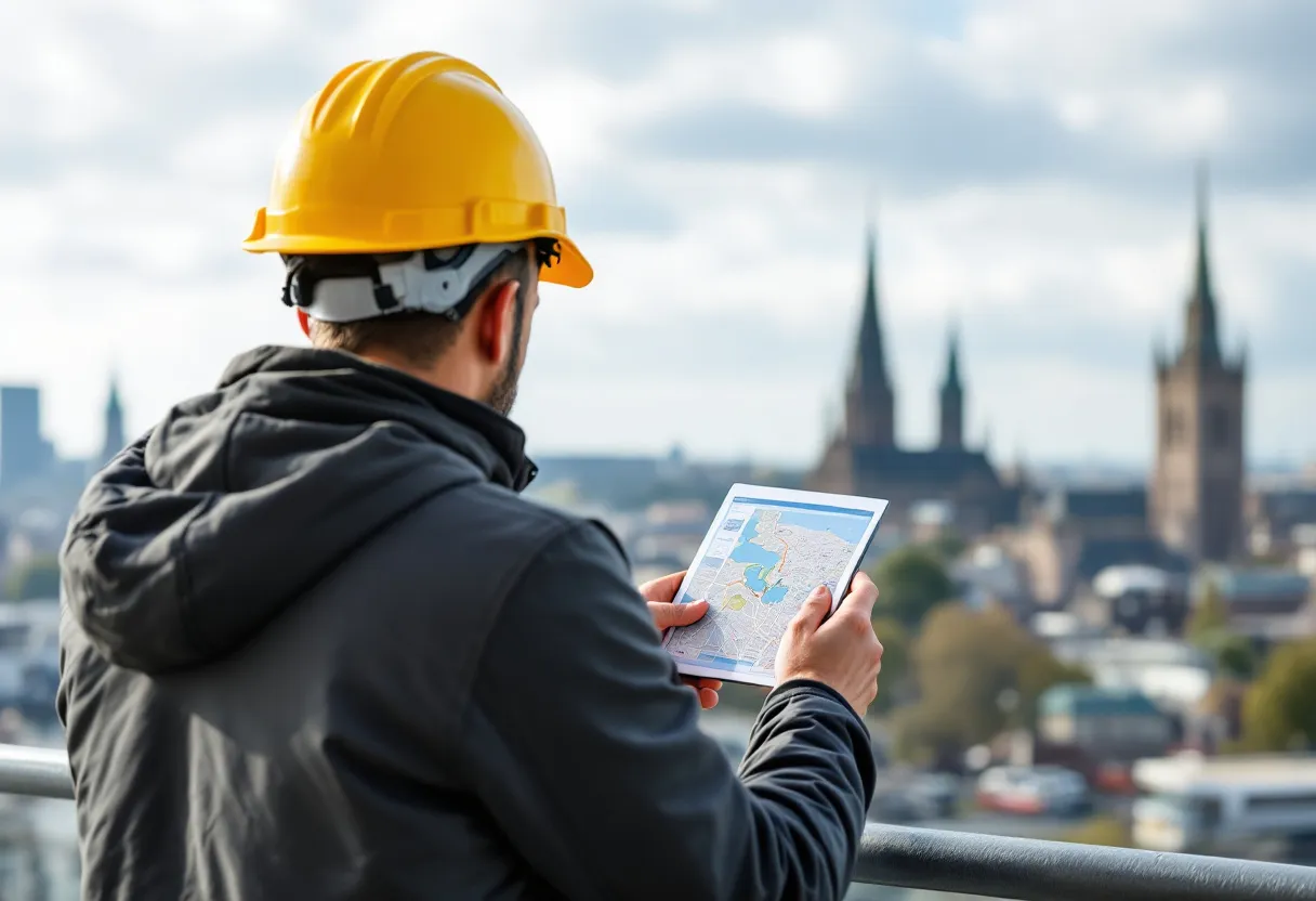 Un ouvrier du bâtiment avec casque et smartphone consulte une fiche de poste indiquant salaire et distance, avec en arrière-plan la skyline d'Anvers et la cathédrale Notre-Dame.