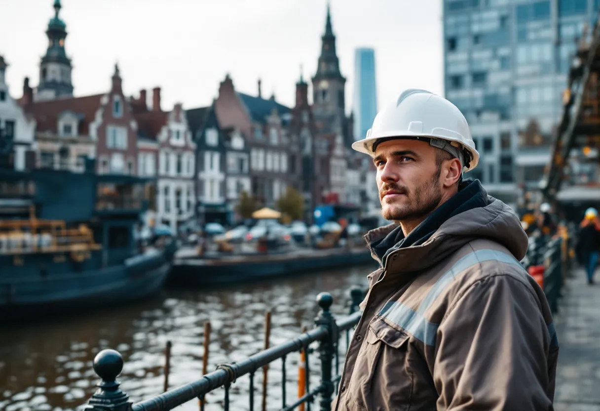Een bouwvakker met een veiligheidshelm staat op een bouwwerf in Gent, met op de achtergrond een mengeling van historische gebouwen en moderne kranen, waaronder de Sint-Baafskathedraal en het Belfort.