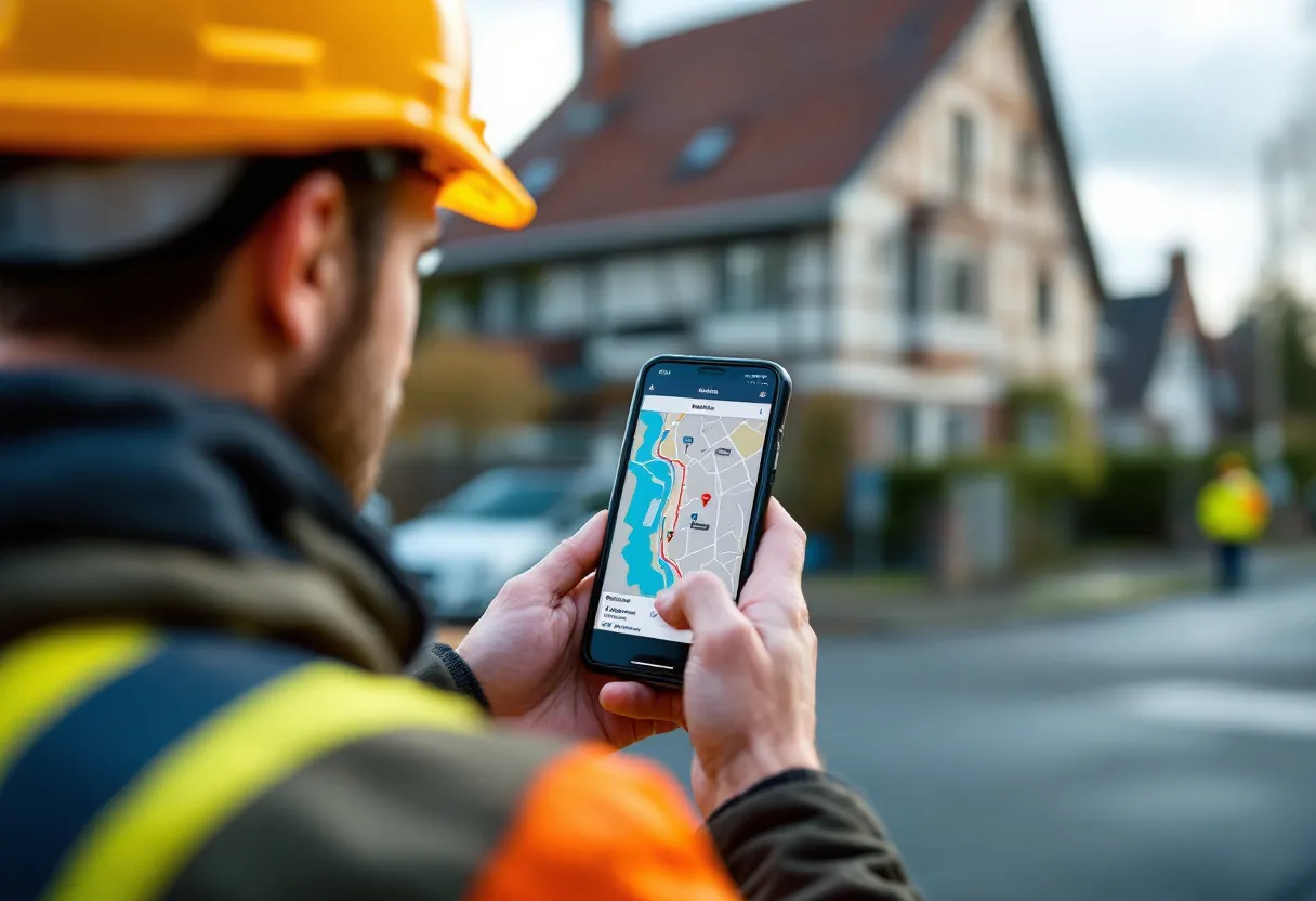 Un ouvrier du bâtiment avec un casque de sécurité regarde sur son smartphone une page d'offres d'emploi avec une carte montrant un court temps de trajet vers un chantier, alors qu'il se tient devant une maison en briques dans une rue flamande.