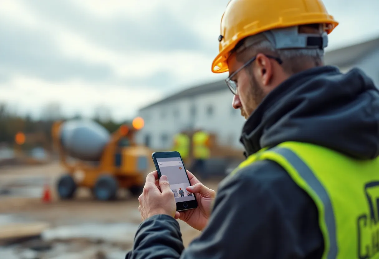 Een bouwvakker met een veiligheidshelm bekijkt op zijn smartphone een vacature voor een bouwjob, terwijl hij op een bouwwerf staat met op de achtergrond een betonmixer en steigers.