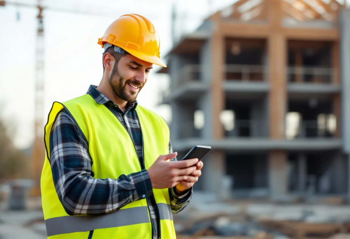 Een bouwvakker met veiligheidshelm en geel reflectorvest staat op een stelling en kijkt op zijn smartphone naar vacatures voor flexibele bouwjobs, met op de achtergrond een half afgewerkt gebouw.