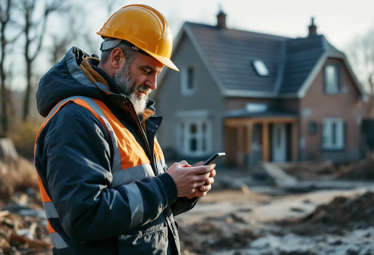 Een ervaren bouwvakker in reflecterende kledij bekijkt op zijn smartphone een digitale joblijst, terwijl achter hem een half afgebouwd bakstenen huis en een kraan te zien zijn.