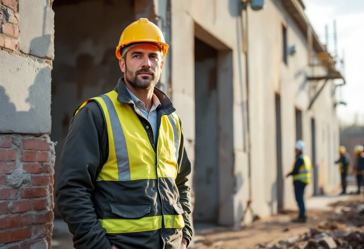 Un ouvrier expérimenté avec casque de sécurité et ceinture à outils se tient devant un mur de briques à moitié terminé sur un chantier ensoleillé, avec en arrière-plan une grue et des collègues posant des carreaux.