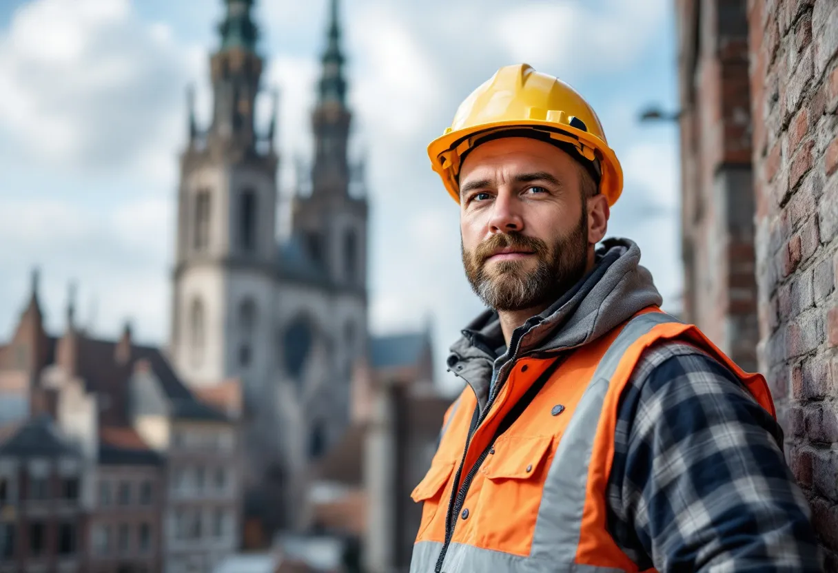 Un ouvrier du bâtiment portant un casque de sécurité sur un chantier à Gand, avec les tours historiques de la ville en arrière-plan.