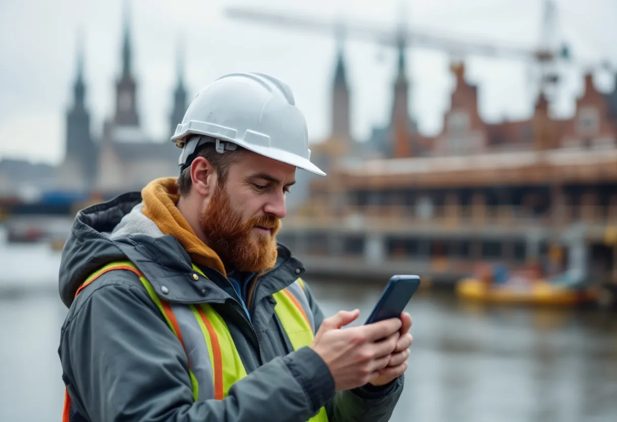 Un ouvrier du bâtiment portant un casque de sécurité et un gilet orange consulte un smartphone sur un chantier à Bruges, avec la tour de l'église Notre-Dame visible en arrière-plan.