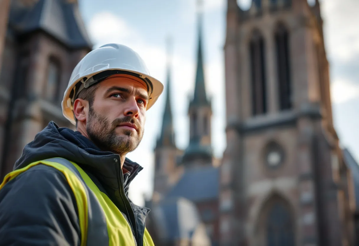 Een bouwvakker met veiligheidshelm en fluorescerend hesje staat op een werf in Hasselt, met op de achtergrond de toren van de Sint-Quintinuskathedraal.