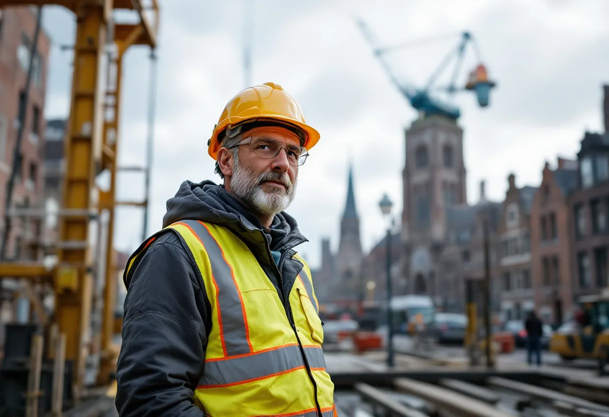 Een bouwvakker met helm en veiligheidsvest staat te glimlachen op een bouwwerf in Mechelen, met op de achtergrond een zicht op de historische Sint-Romboutstoren en een moderne kraan die een last omhoog hijst.
