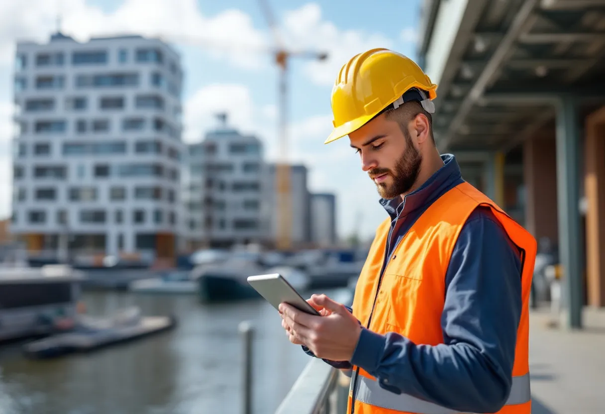 Een jonge bouwvakker met een gele helm en oranje veiligheidsvest, staand op een zonnige bouwwerf in Gent, Oost-Vlaanderen. Hij kijkt naar zijn tablet en er is een groot hijskraan te zien, naast een half voltooid modern gebouw met steigers.