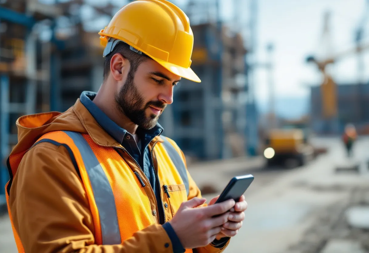 Een glimlachende bouwvakker in een veiligheidshelm bekijkt op zijn smartphone vacatures voor bouwjobs in West-Vlaanderen, terwijl op de achtergrond een bouwwerf met kranen zichtbaar is