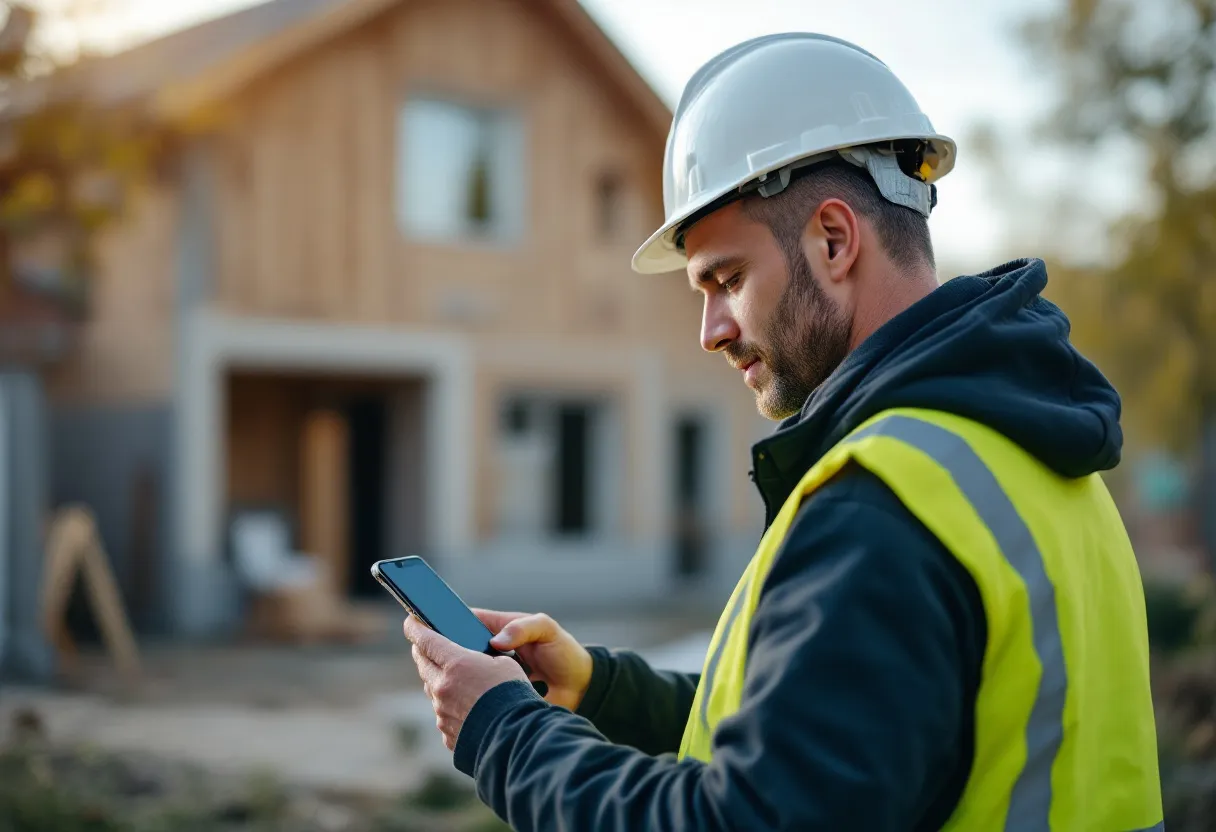 Een bouwvakker met helm en veiligheidsvest kijkt glimlachend naar zijn smartphone terwijl hij voor een half afgewerkte woning in een Limburgse woonwijk staat.