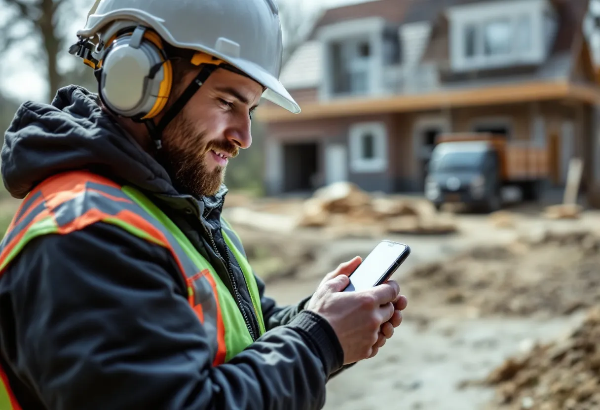 Een jonge bouwvakker met helm en reflecterend vest glimlacht naar zijn smartphone op een werf in Vlaanderen, met op de achtergrond een half afgewerkt huis en een bestelwagen.