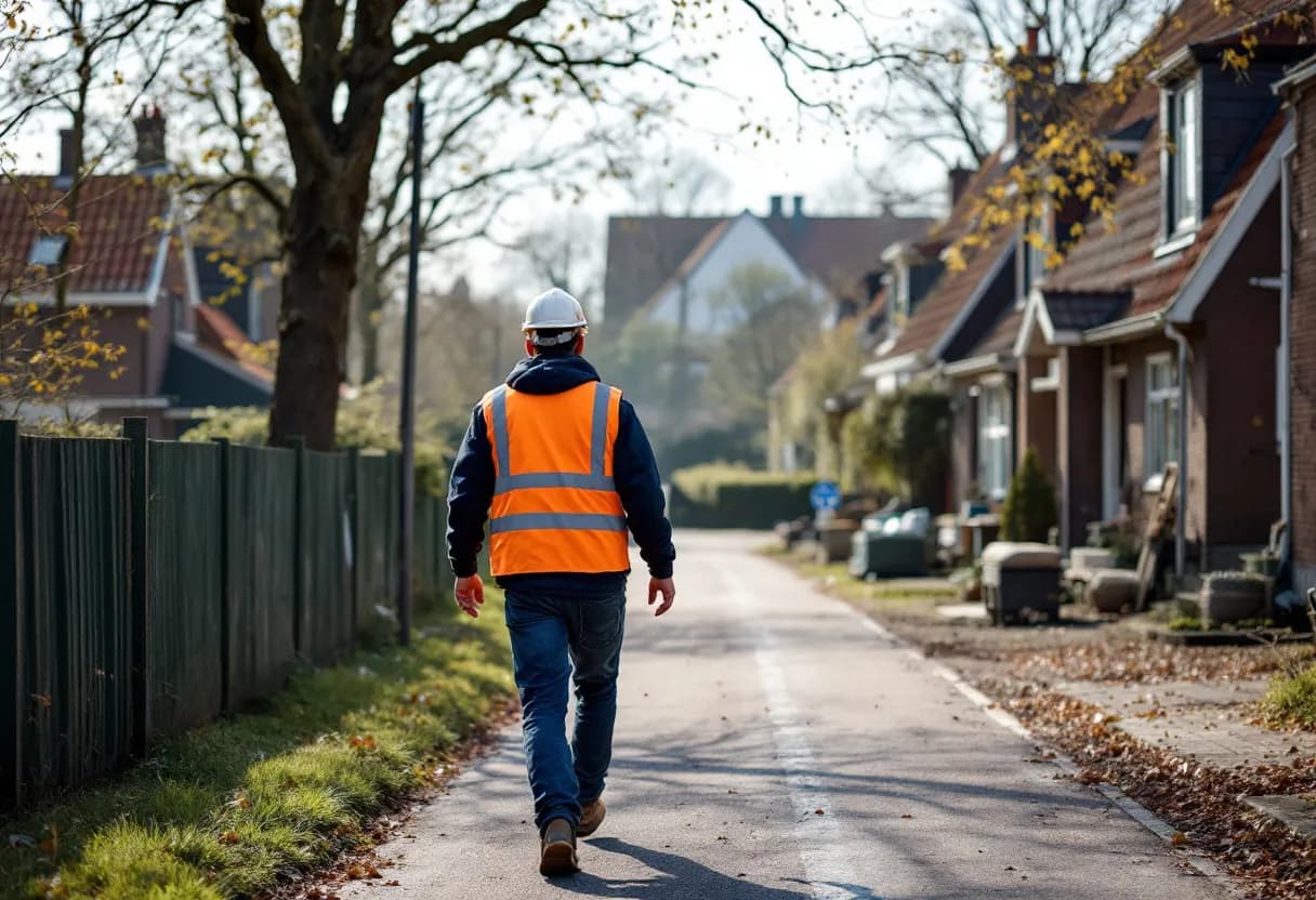 Een bouwvakker met helm en veiligheidsvest loopt door een rustige Vlaamse woonwijk met zijn gereedschapskist richting een bouwwerf op wandelafstand van zijn woning.