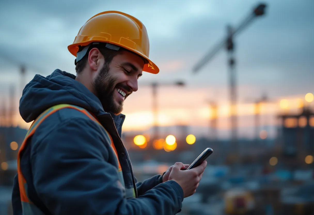 Een jonge bouwvakker in helm kijkt lachend op zijn smartphone terwijl hij een flexibele werkklus bevestigt, met op de achtergrond een werven-site in Antwerpen bij zonsondergang.