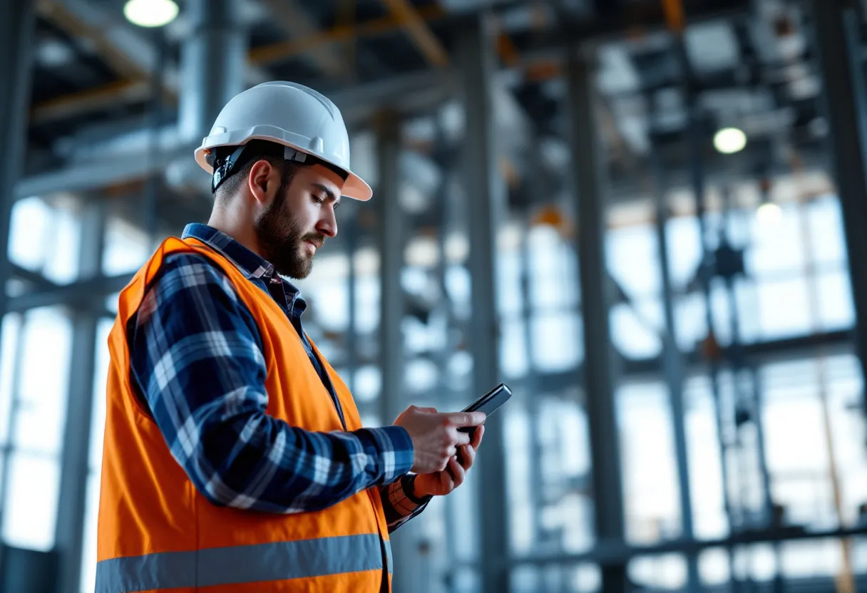 Een vakman met helm en veiligheidsvest staat op een bouwterrein en bekijkt op zijn smartphone een jobaanbieding met locatie en loon.