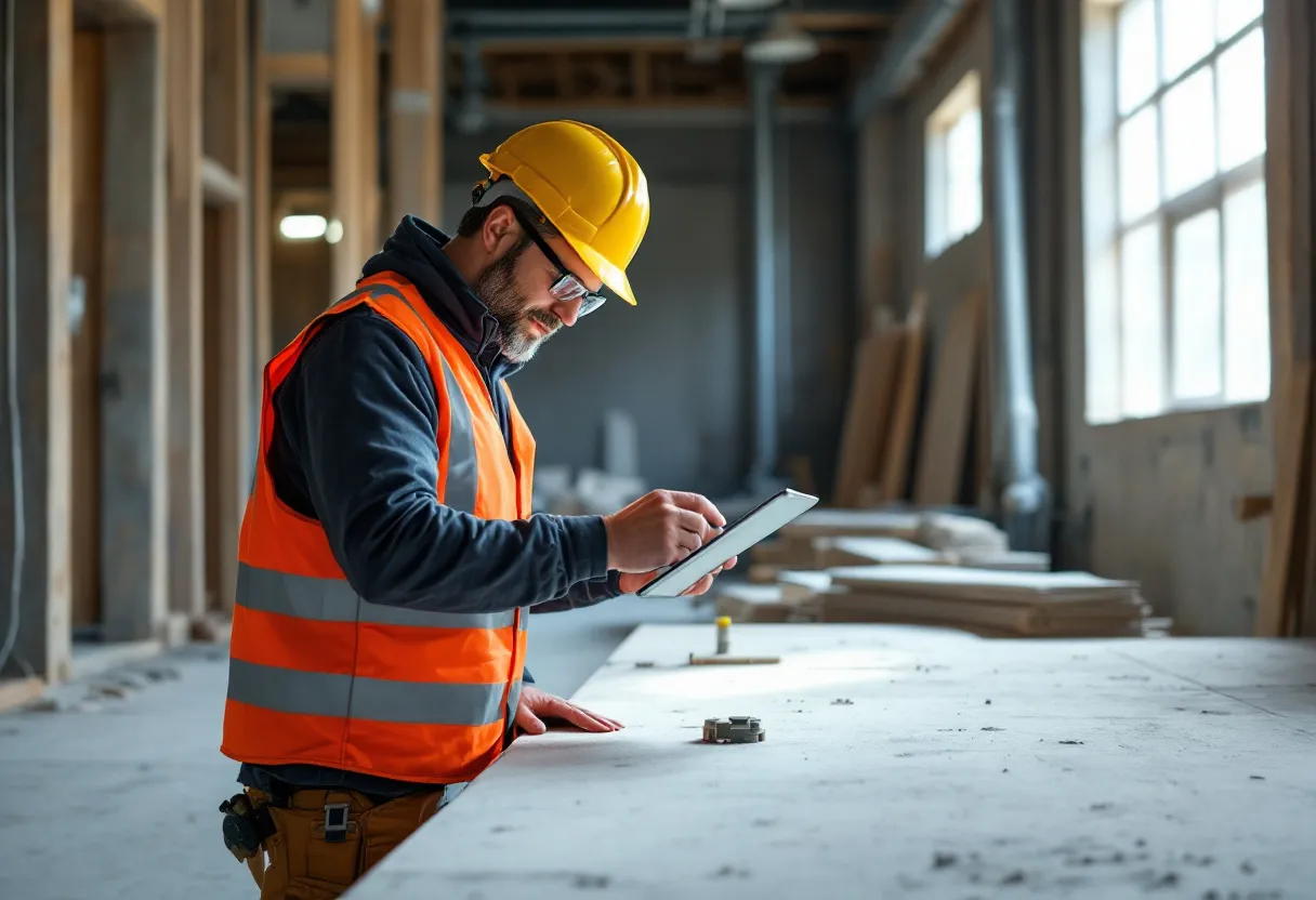 Un ouvrier du bâtiment expérimenté portant un casque de sécurité fait un geste vers un plan numérique sur une tablette tout en discutant avec un contremaître dans un hall de construction bien éclairé, entouré d'échafaudages et de matériaux de construction tels que des sacs de ciment et de l'acier d'armature.