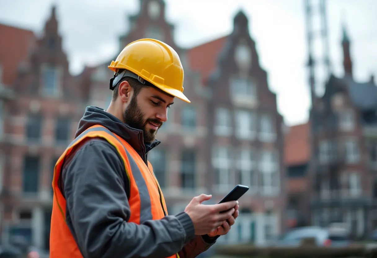Jeune ouvrier du bâtiment avec casque et gilet de sécurité regarde des offres d'emploi satisfait sur son smartphone debout sur un chantier à Bruges, avec en arrière-plan des façades médiévales et une grue.