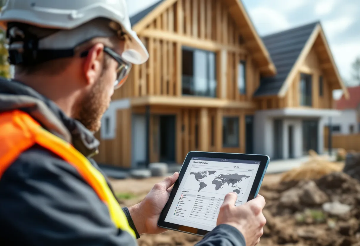 Een bouwvakker met helm en veiligheidshesje bekijkt op een tablet een overzicht van bouwjobs in Vlaams-Brabant, terwijl op de achtergrond een moderne houten-frame woning in aanbouw te zien is onder een zonnige hemel.