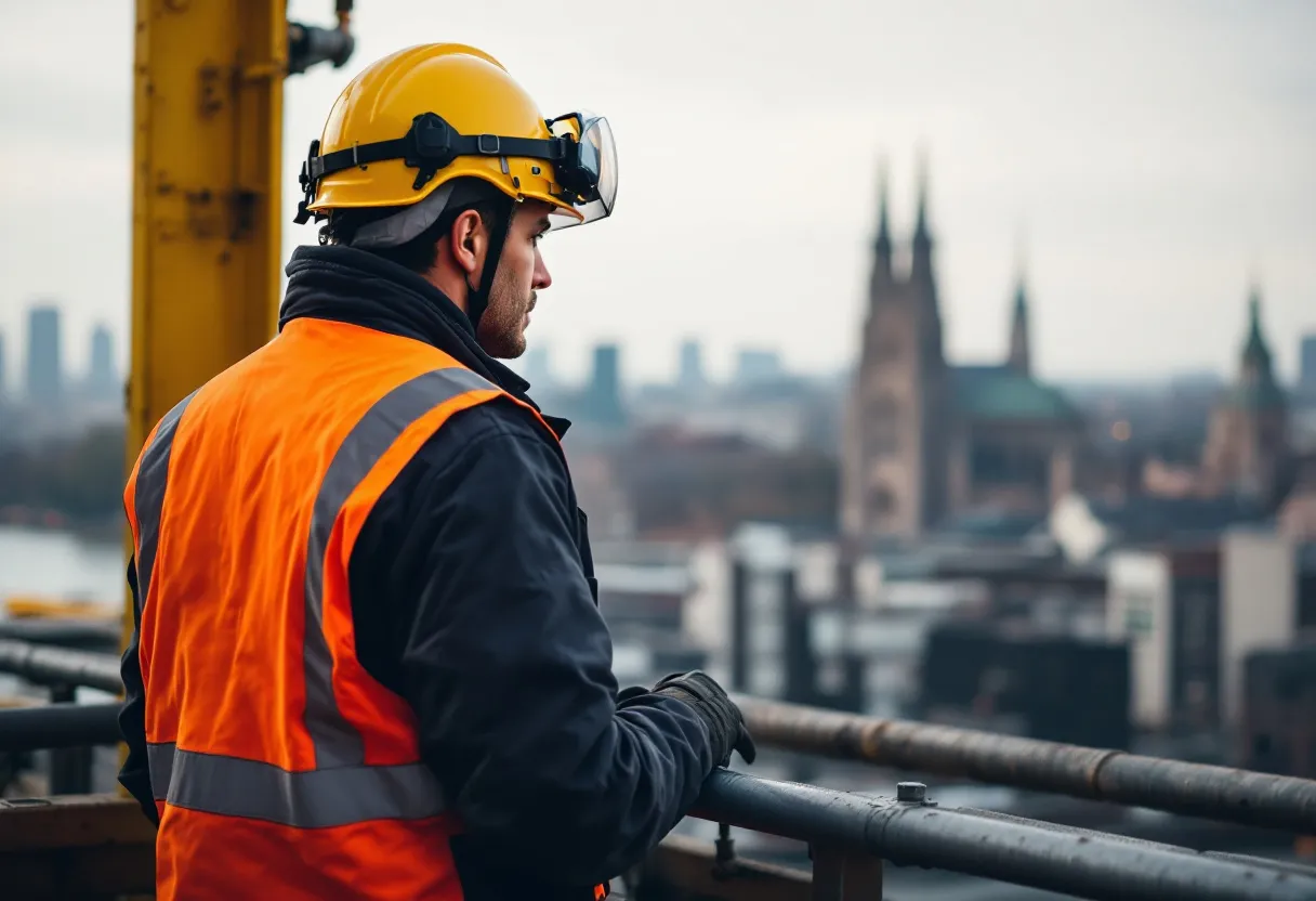 Bouwvakker met helm en veiligheidsvest op een werf met uitzicht op de Antwerpse skyline en de kathedraal