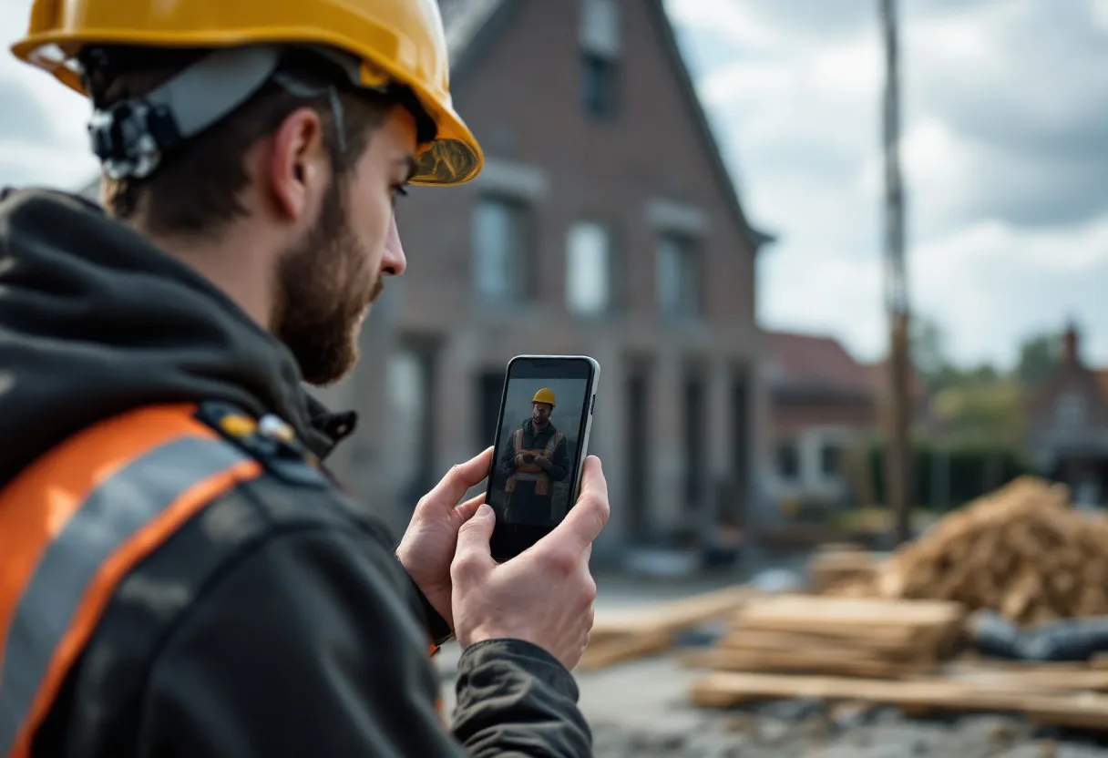 Een jonge bouwvakker met helm kijkt tevreden naar een smartphone waarop een bouwvacature met loon en afstand wordt getoond, met op de achtergrond een werf in Vlaanderen.