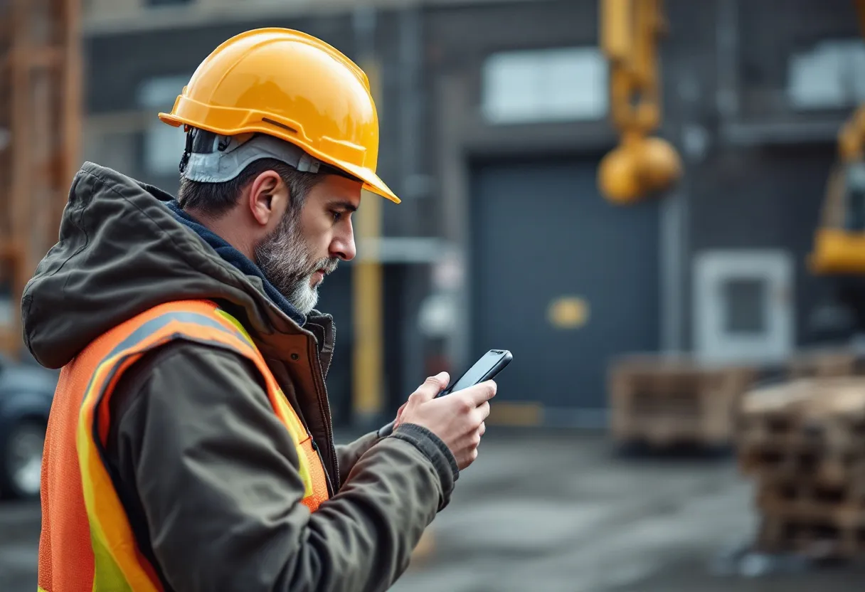 Een bouwvakker met helm en veiligheidshesje kijkt op zijn smartphone naar een vacaturelijst voor tijdelijke bouwjobs, terwijl hij voor een werf staat met een hijskraan op de achtergrond in een Vlaamse stad.