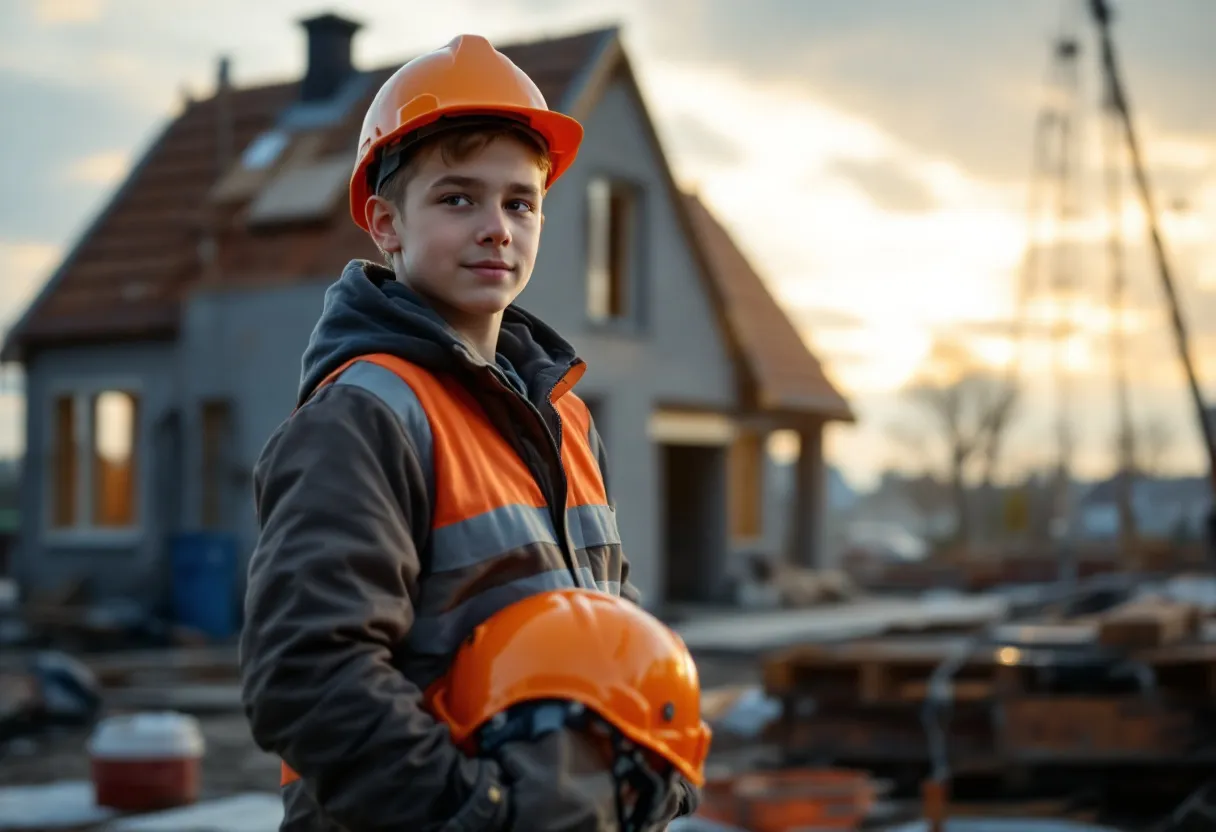 Een jonge schoolverlater in werkkleding staat zelfverzekerd op een bouwwerf in Vlaanderen, met een helm onder de arm en op de achtergrond een half afgewerkt huis in aanbouw, terwijl de ochtendzon door de steigers schijnt.